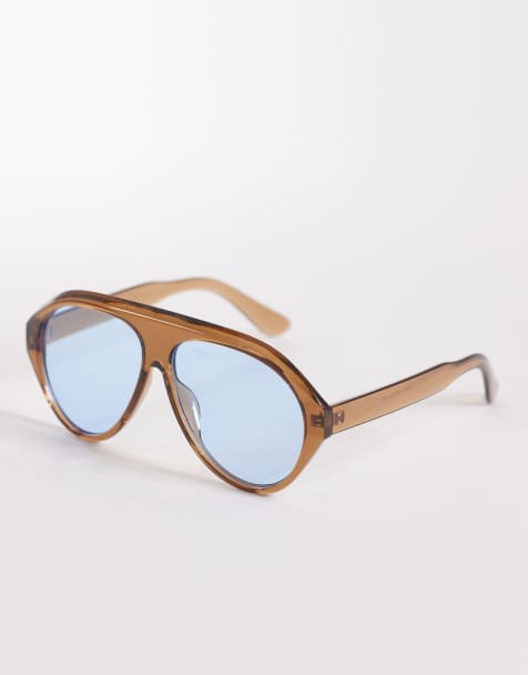 Kaiia exclusive blue lens aviator sunglasses in light brown - view 1