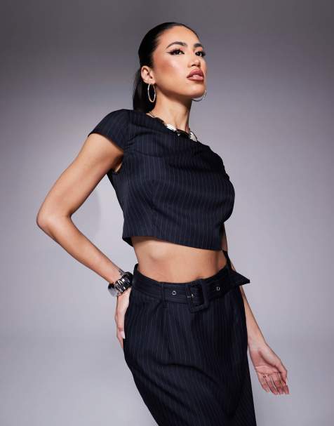 Kaiia exclusive boat neck cap sleeve top co-ord in navy pinstripe - view 1