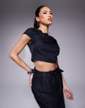 [Kaiia] Kaiia exclusive boat neck cap sleeve top in navy pinstripe (part of a set)-Black 14 Navy pinstripe