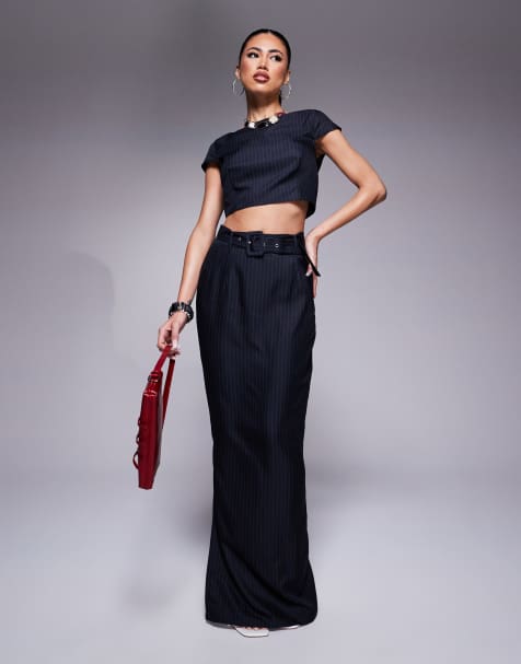 Kaiia exclusive boat neck cap sleeve top & maxi skirt set in navy pinstripe - view 1