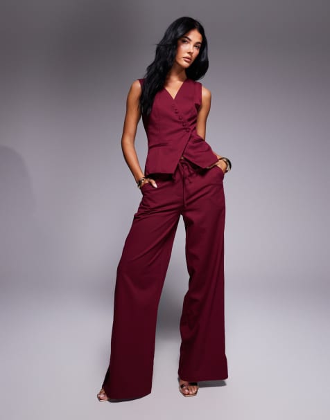 Kaiia exclusive tailored tie waist wide leg trousers co-ord in burgundy