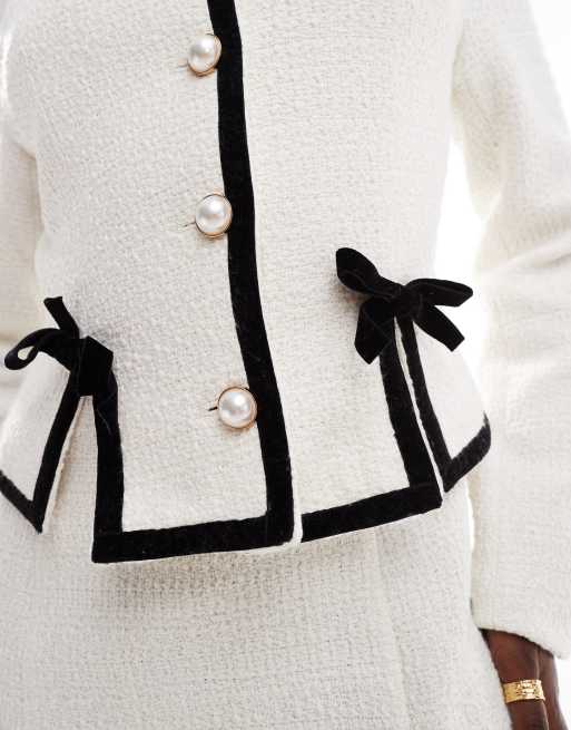 Kaiia exclusive boucle bow detail pearl button through fitted