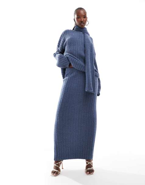 Kaiia exclusive boucle knit column maxi skirt in blue (part of a set) - view 1