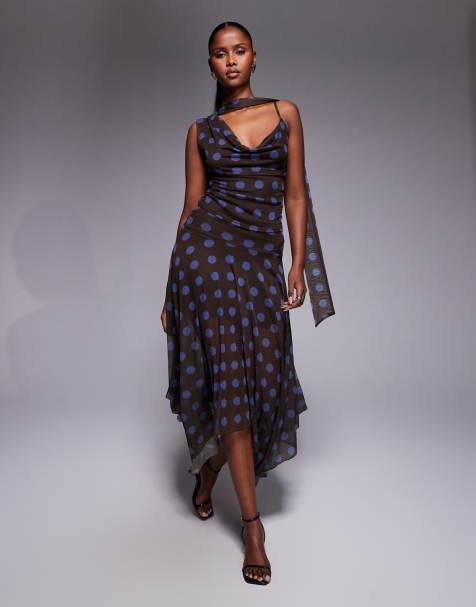 Kaiia exclusive double layered slinky mesh fairy hem maxi skirt co-ord in brown and blue polka dot