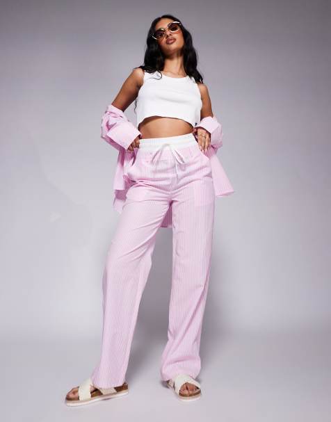 Kaiia - Exclusive - Broek van katoenmix popeline met boxer-tailleband in roze, deel van co-ord set - view 1