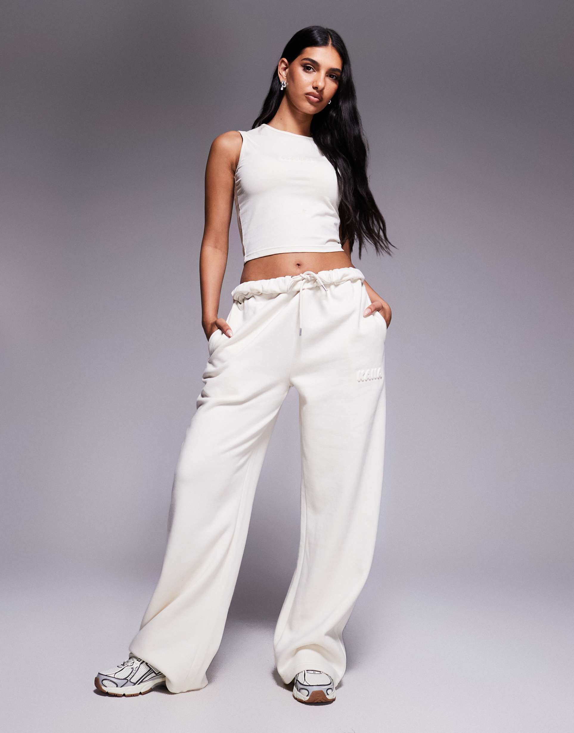 kaiia exclusive bubble embossed logo high neck tank top in oat milk - part of a set