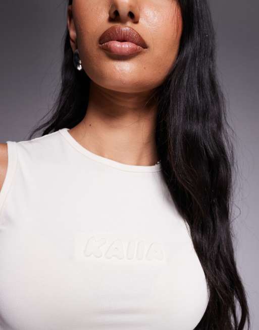 Kaiia exclusive bubble embossed logo high neck vest top co-ord in oat milk, 3 of 4