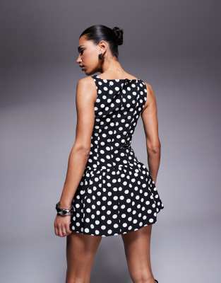 KAIIA EXCLUSIVE HIGH SQUARE NECK BUTTON FRONT GATHERED SKIRT MINI DRESS 