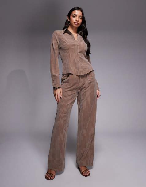 Kaiia exclusive button front fitted shirt and tailored trousers co-ord in beige pinstripe - view 1