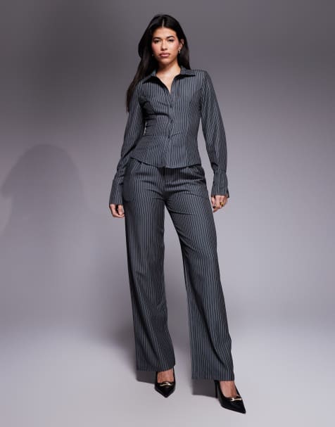 Kaiia exclusive button front fitted shirt and tailored trousers co-ord in charcoal pinstripe - view 1