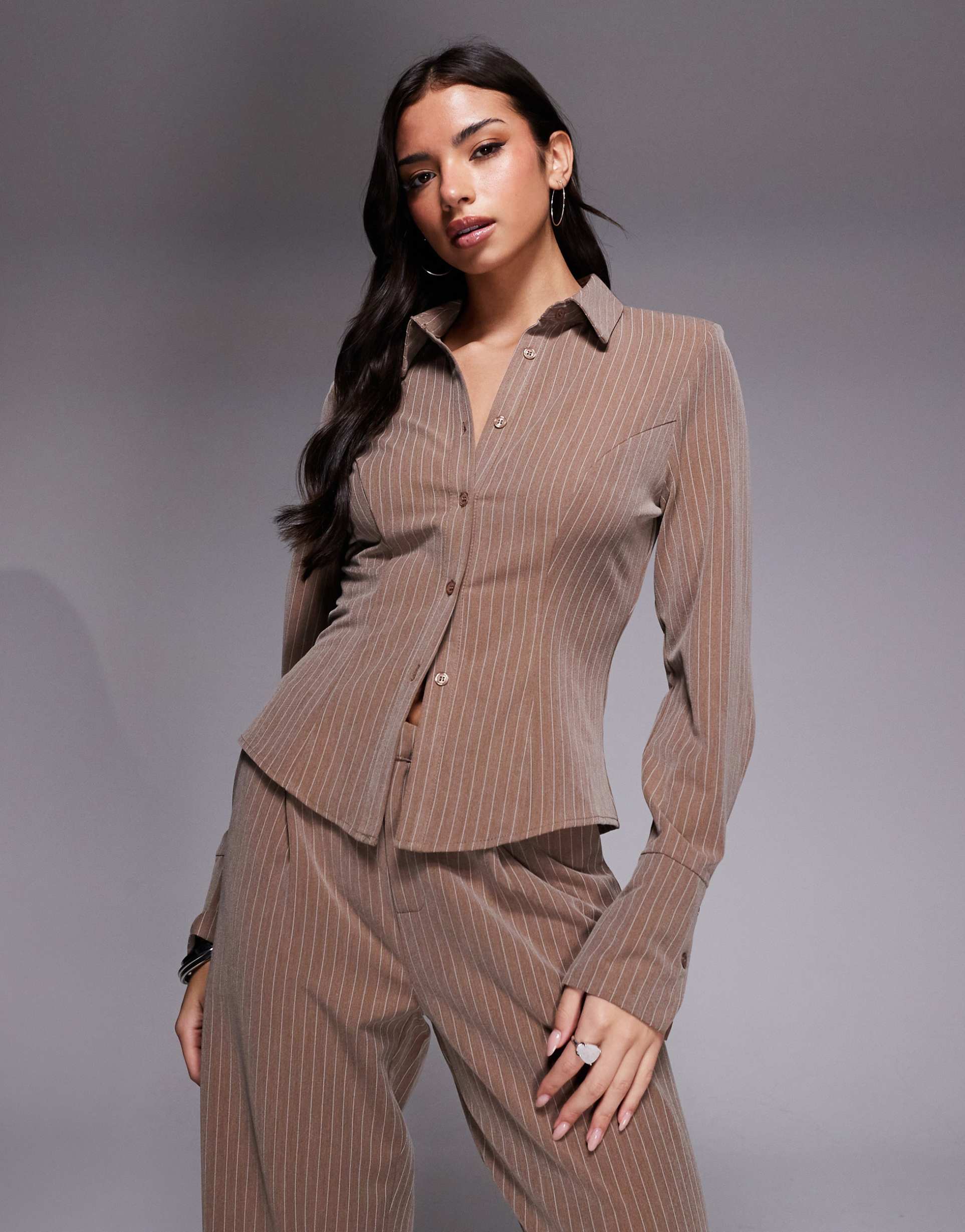 kaiia exclusive button front fitted shirt in beige pinstripe - part of a set