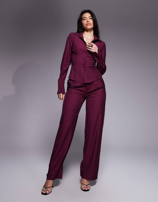Kaiia exclusive button-front fitted shirt in burgundy pinstripe (Part of a set), 2 of 4