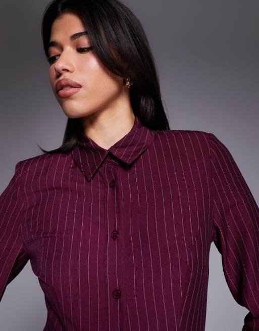 Kaiia exclusive button-front fitted shirt in burgundy pinstripe (Part of a set), 3 of 4