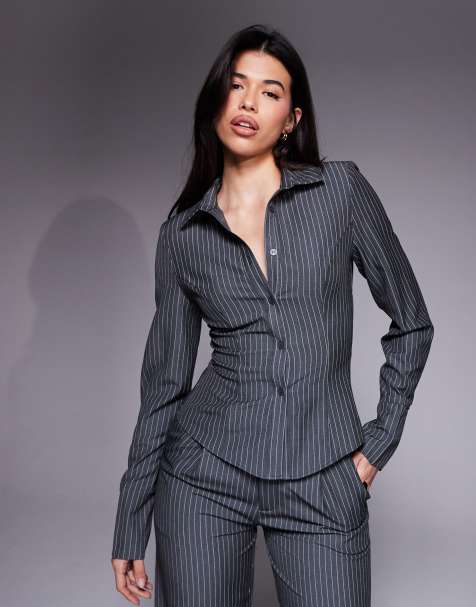 Kaiia exclusive button front fitted shirt in charcoal pinstripe - part of a set - view 1
