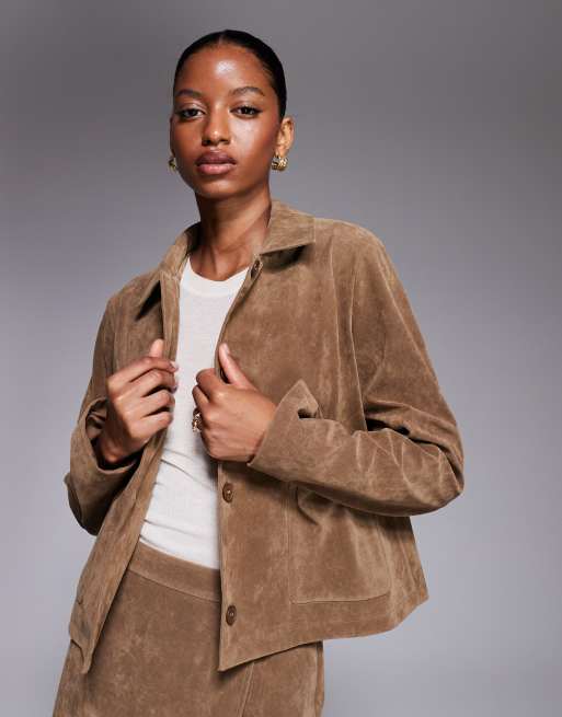 Kaiia exclusive faux-suede button front pocket detail jacket and mini skirt set in brown, 3 of 3