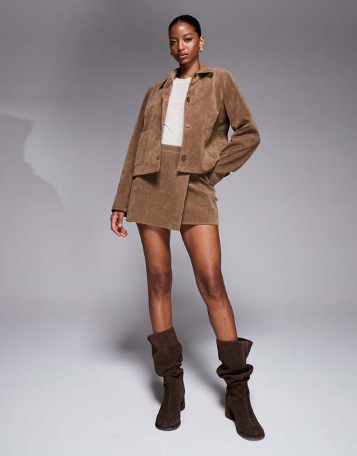 Kaiia exclusive button front pocket detail faux suede jacket in tan -set, 2 of 4