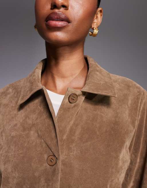 Kaiia exclusive button front pocket detail faux suede jacket in tan -set, 3 of 4