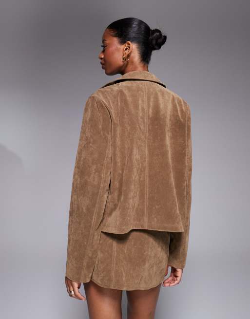 Kaiia exclusive button front pocket detail faux suede jacket in tan -set, 4 of 4