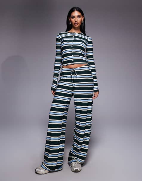Kaiia exclusive button through oversized long sleeve top and pants set in green and baby blue stripe - view 1