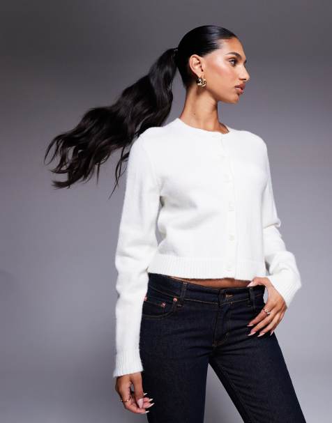 Kaiia exclusive button through ribbed hem cardigan in cream - view 1