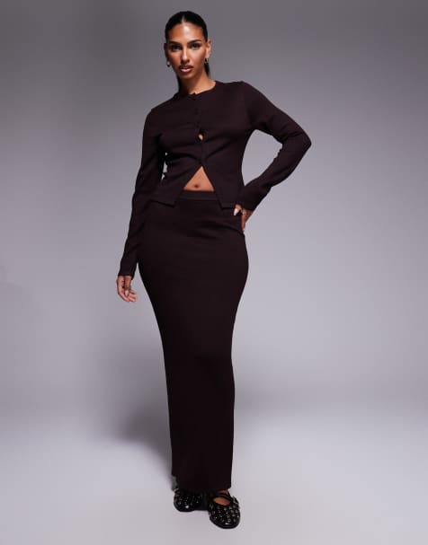 Kaiia exclusive button through split front long sleeve cardigan and maxi skirt co-ord chocolate - view 1