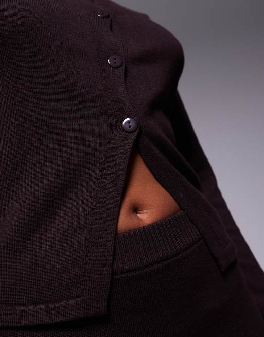 Kaiia exclusive button-through split front long sleeve cardigan in chocolate (Part of a set), 2 of 4