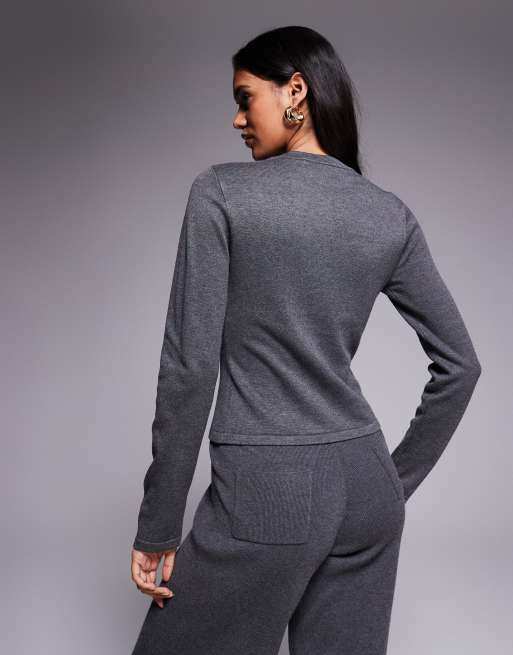 Kaiia exclusive button-through split front long sleeve cardigan in dark grey (Part of a set), 3 of 4