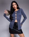 [Kaiia] Kaiia exclusive button through split front longline cardigan in charcoal-Grey 14 CHARCOAL