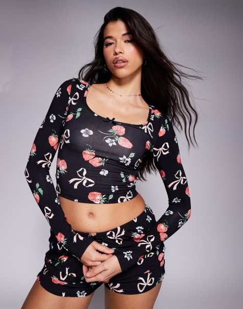 Kaiia exclusive button through top, scoop neck top, shorts and bottoms co-ord in dark strawberry bow print - view 1