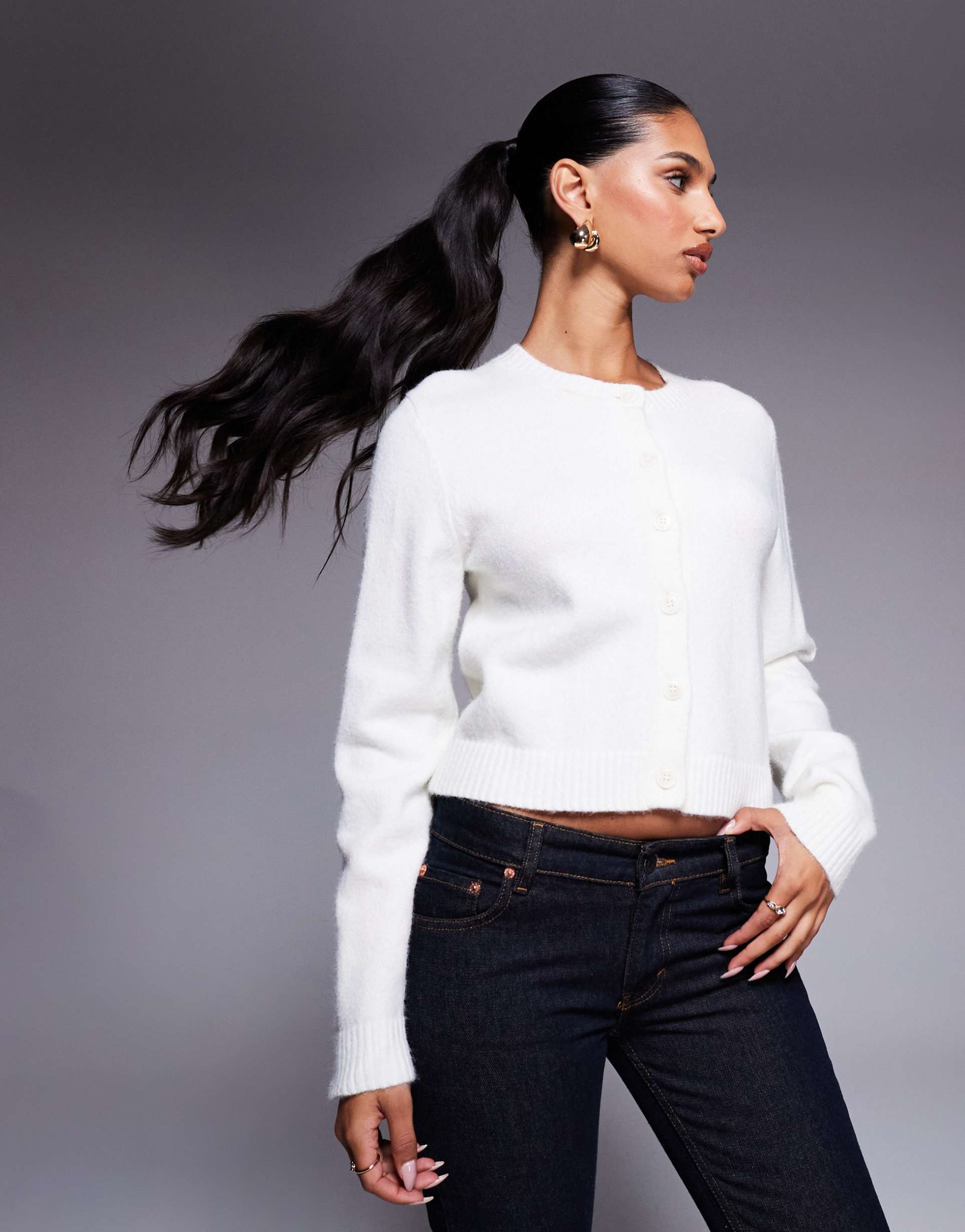 kaiia exclusive button up ribbed hem cardigan in cream