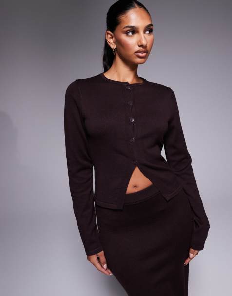 Kaiia exclusive button up slit front long sleeve cardigan in chocolate - part of a set - view 1