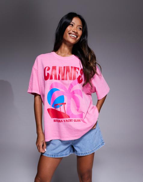 Kaiia exclusive Cannes contrast graphic oversized t-shirt in pink - view 1