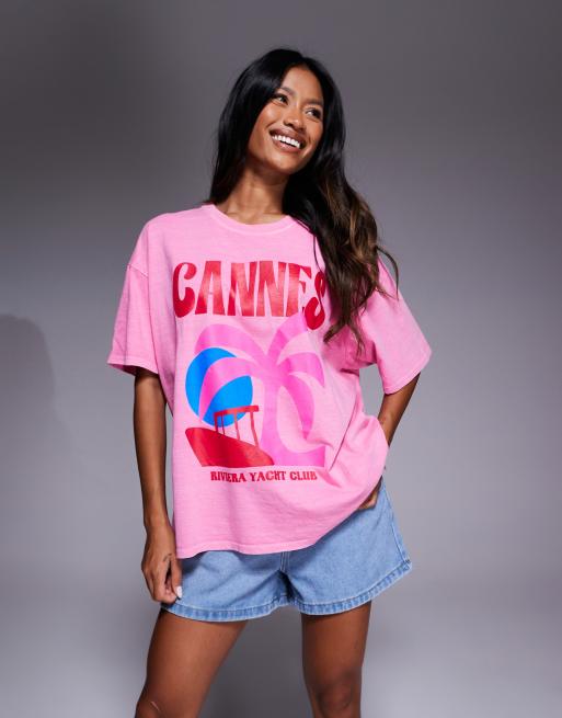 Kaiia exclusive Cannes contrast graphic oversized t-shirt in pink