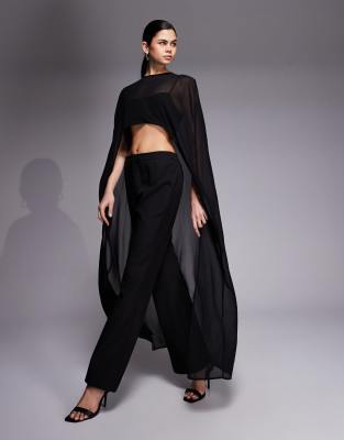 Kaiia Exclusive Chiffon Longline Crop Cape Top Co-ord In Black