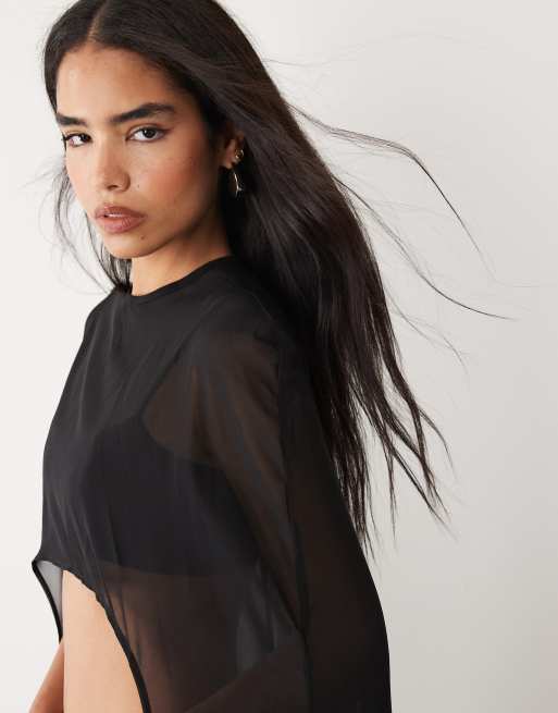 Kaiia exclusive chiffon longline crop cape top co-ord in black, 4 of 4