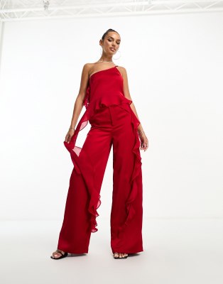 Kaiia exclusive chiffon ruffle wide leg pants in red - part of a set | ASOS