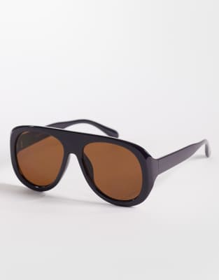 Kaiia exclusive chunky aviator sunglasses with tan lenses in black chocolate and tan 4090₽