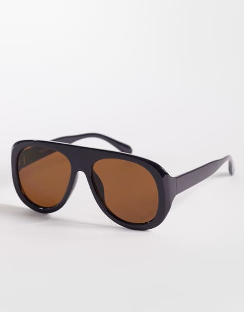 Kaiia exclusive chunky tan lens aviator sunglasses in black - view 1