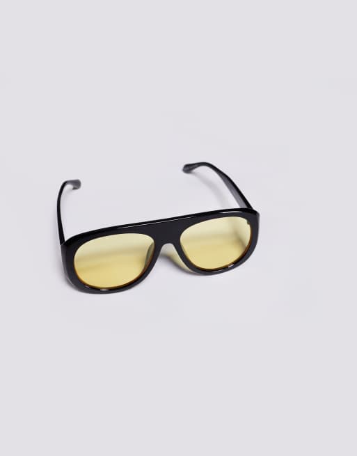 Kaiia exclusive chunky yellow lens aviator sunglasses in black  , 2 of 3