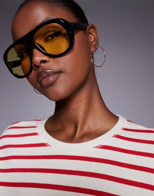 Kaiia exclusive chunky yellow lens aviator sunglasses in black  , 3 of 3