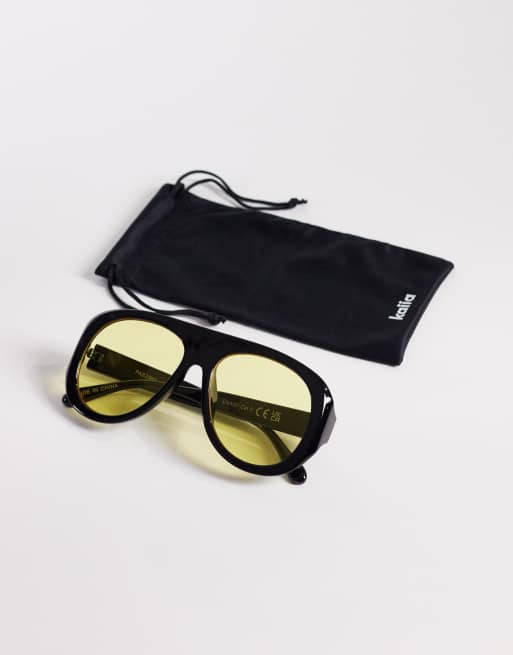 Kaiia exclusive chunky yellow lenses aviator sunglasses in black, 3 of 3
