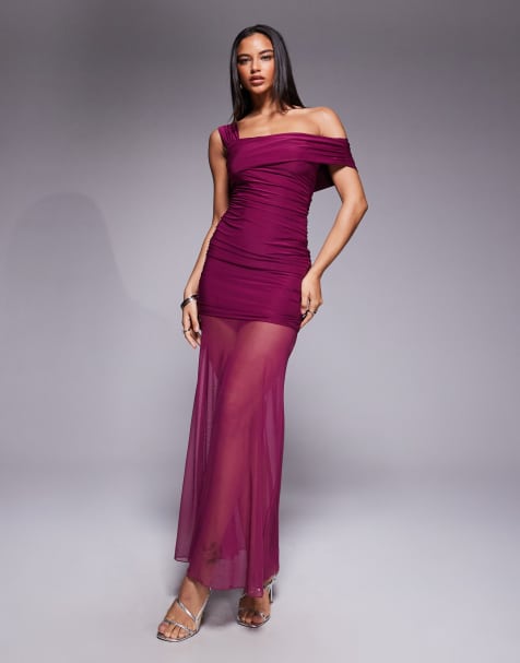 Kaiia exclusive double layered slinky asymmetric one shoulder sheer hem maxi dress in raspberry