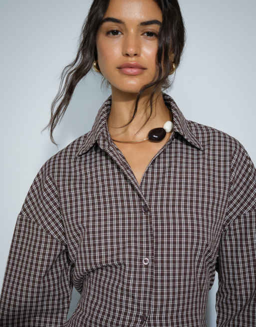 Kaiia exclusive cinch waist button-through shirt in brown check (Part of a set), 3 of 8