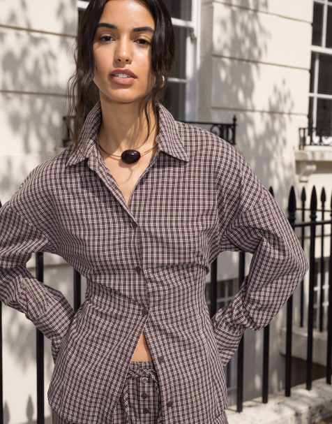 Kaiia exclusive cinch waist button up shirt in brown plaid - part of a set - view 1