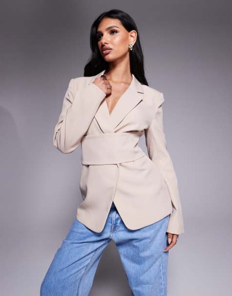 Kaiia exclusive cinched waist belted tie back blazer in cream - view 1