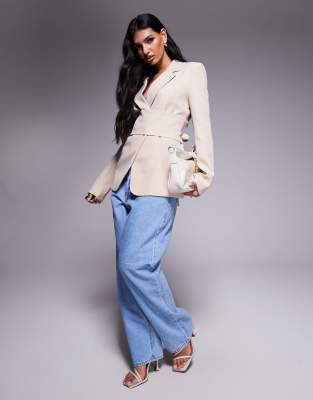 Kaiia Exclusive Cinched Waist Belted Tie Back Blazer In White