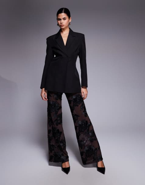 Kaiia Exclusive cinched waist blazer and wide leg pants set in black - view 1