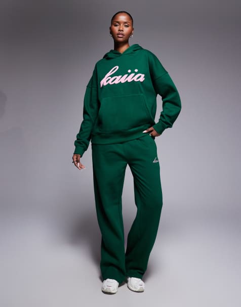 Kaiia - Exclusive - Co-ord set van katoenrijke oversized hoodie met borg logo en joggingbroek met wijde pijpen in groen en roze - view 1