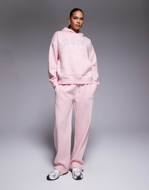 Kaiia - Exclusive - Co-ord set van oversized hoodie en joggingbroek met wijde pijpen en geborduurd logo in babyroze en blauw - view 1
