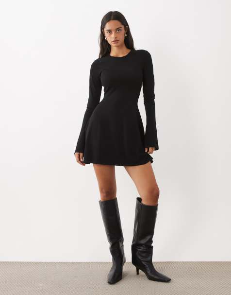 Kaiia exclusive compact knit flared sleeve mini skater dress in black - view 1